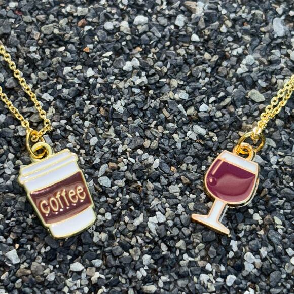 Gold Plated Coffee Charm Necklace and Gold Plated Red Wine Charm Necklace - Picture 1 of 8